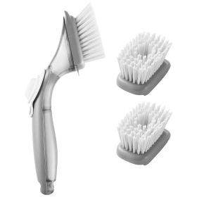 VEVOR Soap Dispensing Dish Brush, Kitchen Scrub Brushes with 3 Brush Heads, Dish Cleaning Brushes with PP Handle and Curved Bristles, Ideal for P
