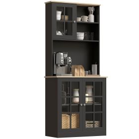 HOMCOM Kitchen Pantry Storage Cabinet, 72" Freestanding Cabinet with Hutch, Large Countertop, Glass Doors and Adjustable Shelves for Dining Room